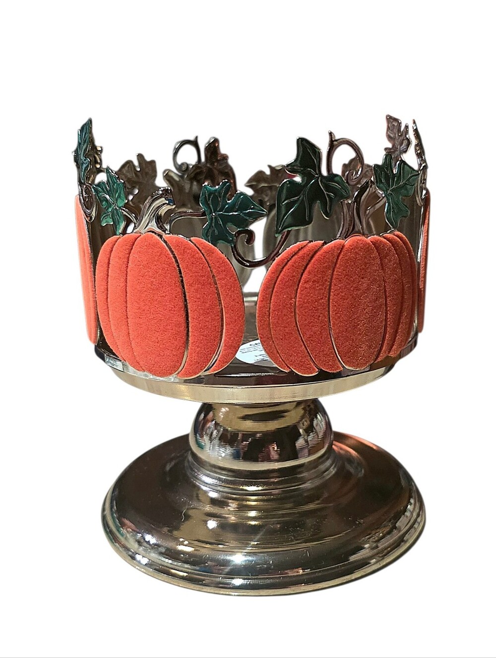 NEW FLOCKED VELVET PUMPKIN 3-WICK PEDESTAL CANDLE HOLDER BY BATH & BODY WORKS